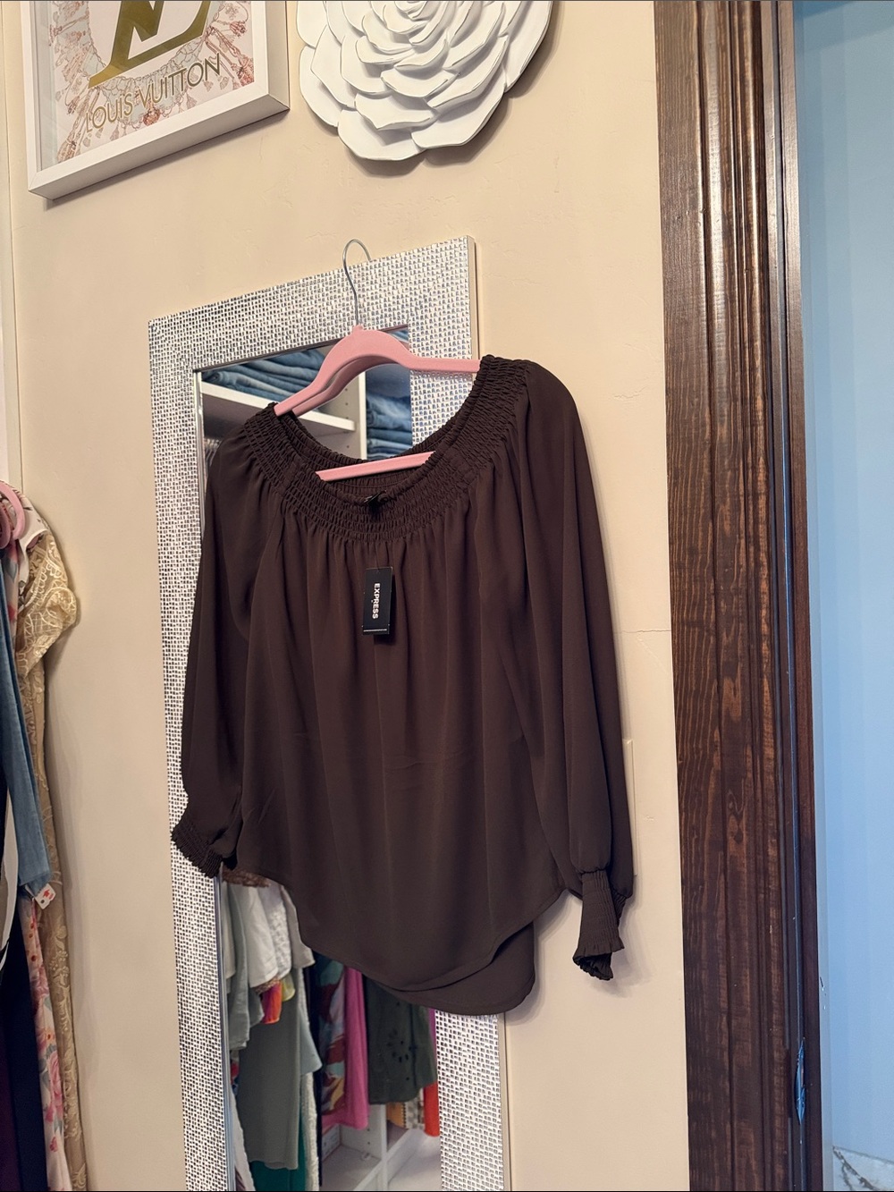 Express Women's Smocked-Neck Long Sleeve Top - Olive